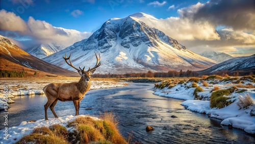 Majestic winter landscape with red deer stag overlooking River Etive and snowcapped Stob Dearg Buachaille Etive Mor mountain in the background, red deer, stag, winter, landscape photo