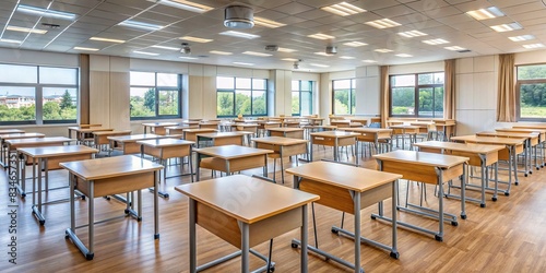 Empty classroom with desks set up for a final exam   high school  students  final exam  test  desk  classroom  education  academic  challenge  stress  study  knowledge  paper  pencil