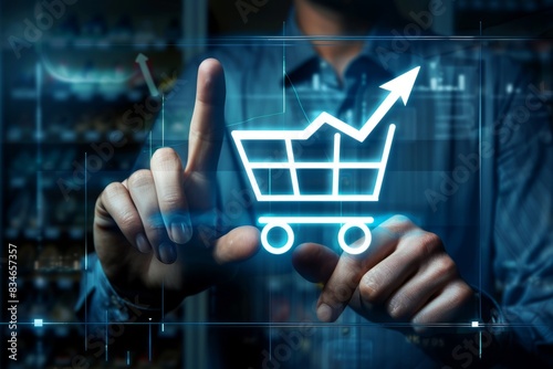 Merchants touch virtual sales growth charts and shopping cart ICONS on transparent screens, use tablets to analyze the performance of markets or online stores,