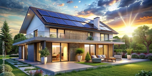 Futuristic smart home with solar panels rooftop system for renewable energy , technology, green, modern, house, innovation, eco-friendly, sustainability, solar power, efficiency, energy