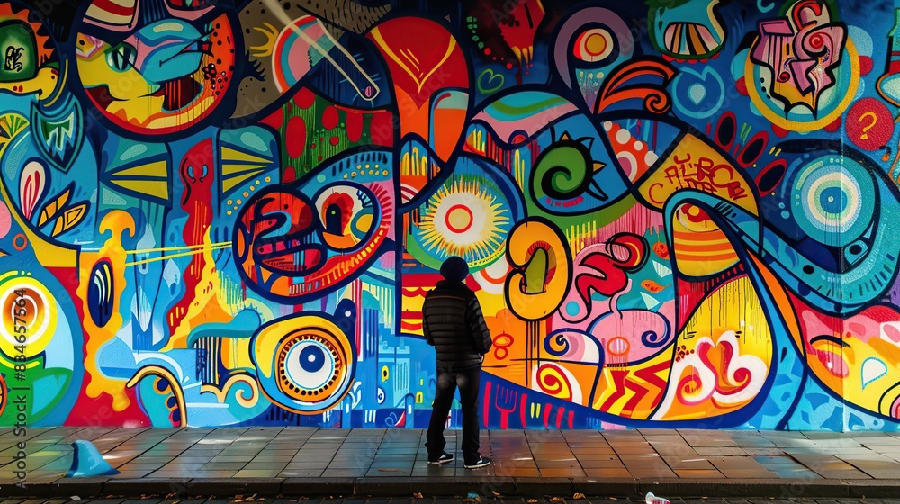 Colorful face painting with eyes and mouth. The painting is abstract and has many different colors on the wall Colorful face painting with eyes and mouth. The painting is abstract and has many different colors on the wall