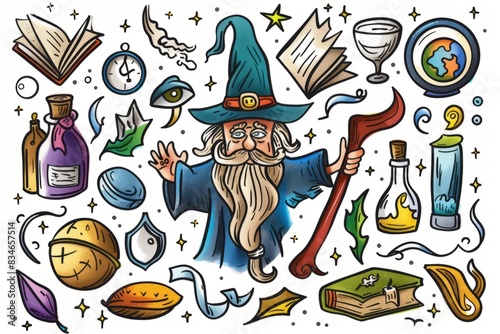 Cartoon cute doodles of a wizard inventing magical solutions to everyday problems, Generative AI 