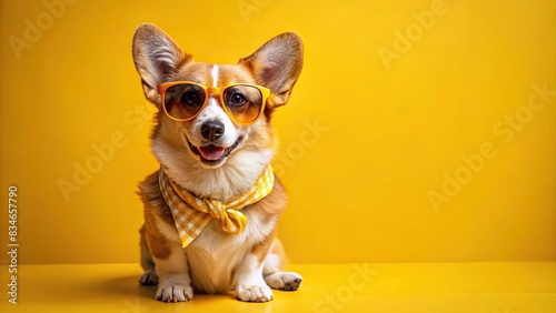 Summer corgi dog wearing yellow sunglasses and neckerchief  looking at blank empty copy space  over yellow background  corgi  dog  summer  sunglasses  neckerchief  yellow  copy space  happy