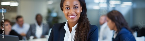 confident businesswoman smiling in office