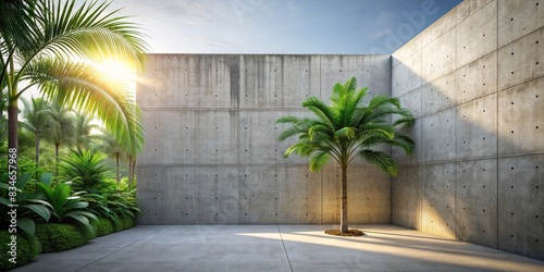 Empty exterior concrete wall with tropical style garden render, decorated with tropical style tree, sunlight on the wall , tropical, garden, render, exterior, concrete wall, tropical style