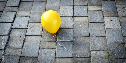Solitary old yellow balloon lying on a grey footpath, lonely, abandoned, deflated, worn, sidewalk, urban, street, vintage, aged, weathered, forgotten, lost, outdoor, discarded, pavement photo