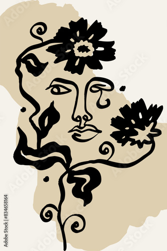 Vertical poster or card with ink wash drawing of one line female face and flowers silhouette on dark background and abstract shape. Monochrome minimalist portrait wall art (ID: 834658164)