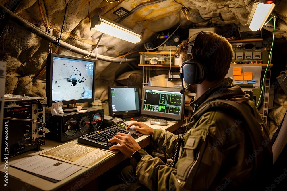 Military Drone Operator Utilizing Control Station in Bunker Military Drone Operator Utilizing Control Station in Bunker