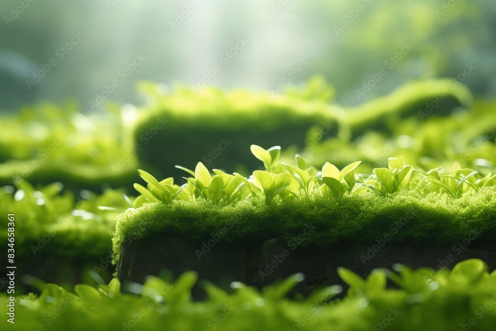 Lush green foliage and moss in a serene forest Lush green foliage and moss in a serene forest