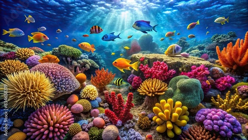 Vibrant underwater coral reef teeming with life, Colorful, marine life, tropical, ocean, biodiversity, coral, underwater, ecosystem, vibrant, aquatic, fish, reef, sea creatures