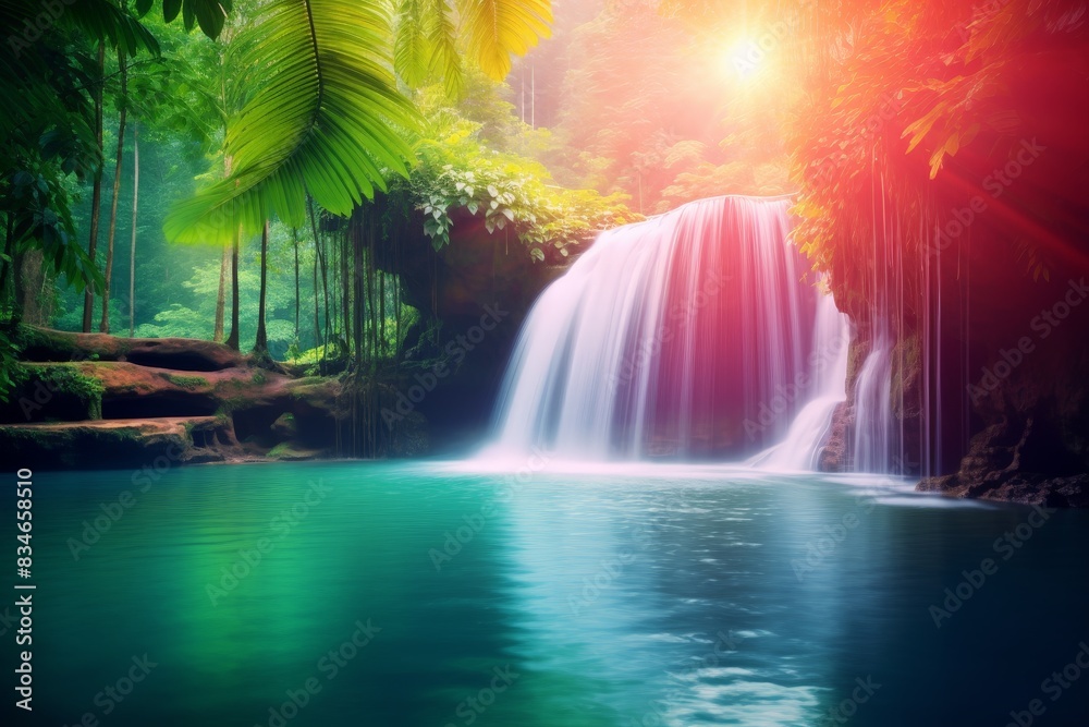 Stunning tropical waterfall in lush green forest Stunning tropical waterfall in lush green forest