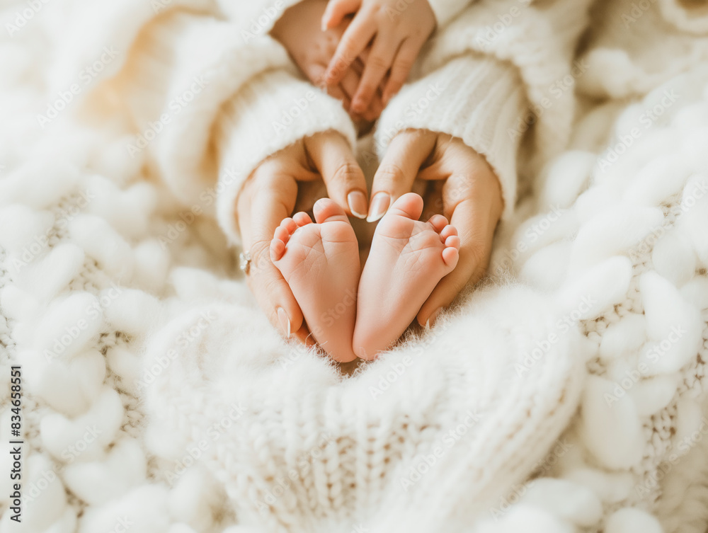 Baby feet cradled in mother's hands, against a soft knitted white background, expressing the concept of care and love. Generative AI Baby feet cradled in mother's hands, against a soft knitted white background, expressing the concept of care and love. Generative AI