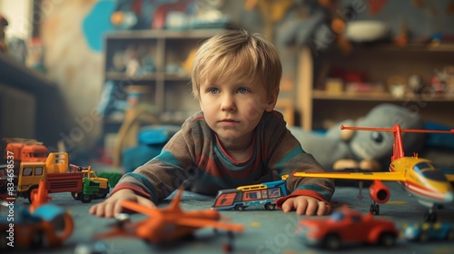 A young boy surrounded by a variety of toys looks thoughtful in a room with warm light and colorful elements.