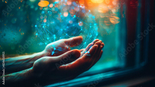 An open hand holding a glowing network of connected nodes with labels, on a vibrant bokeh background, concept of knowledge and connectivity. Generative AI