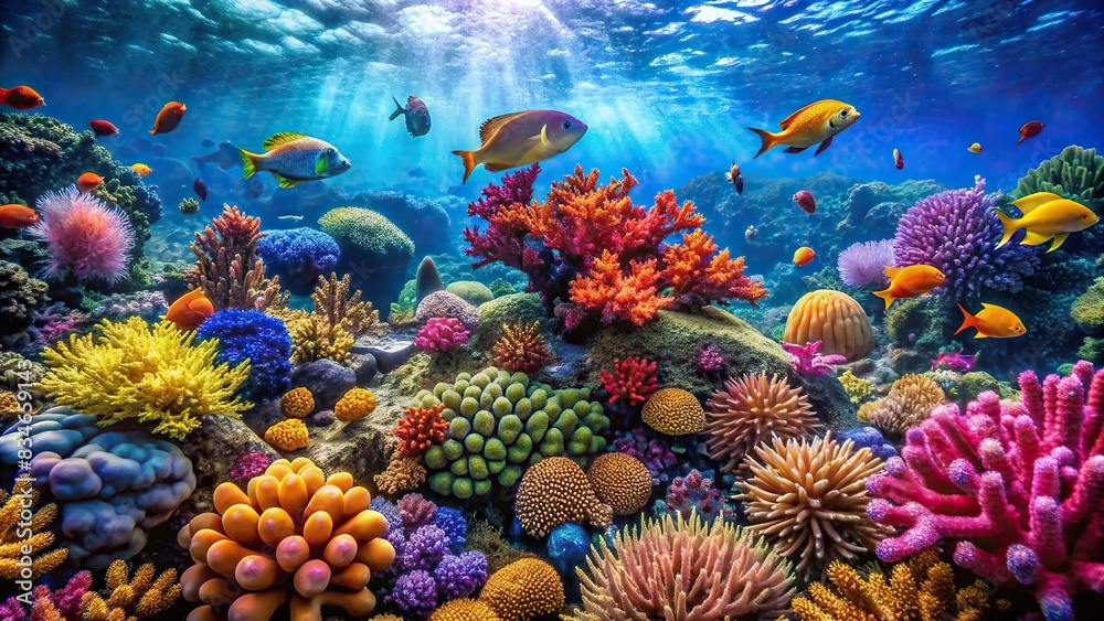 Vibrant underwater coral reef teeming with life, Colorful, marine life, tropical, ocean, biodiversity, coral, underwater, ecosystem, vibrant, aquatic, fish, reef, sea creatures