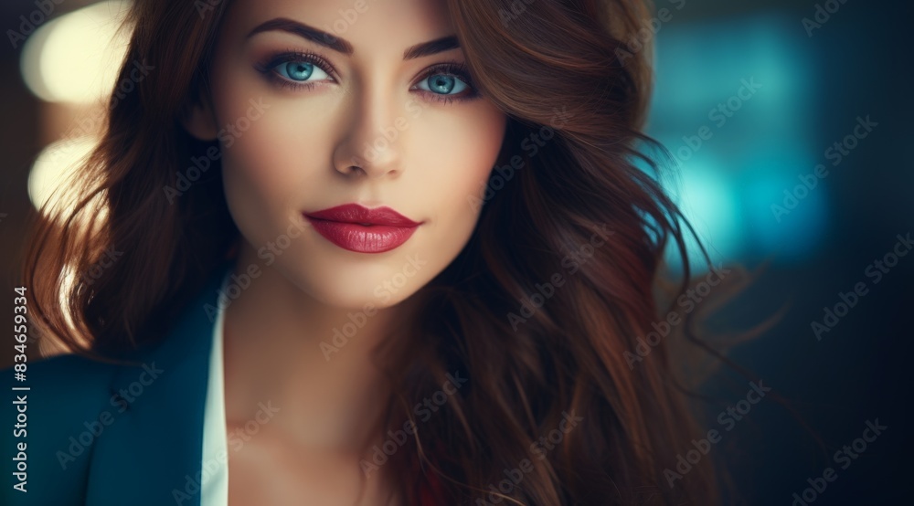 Captivating woman with striking blue eyes and red lips Captivating woman with striking blue eyes and red lips