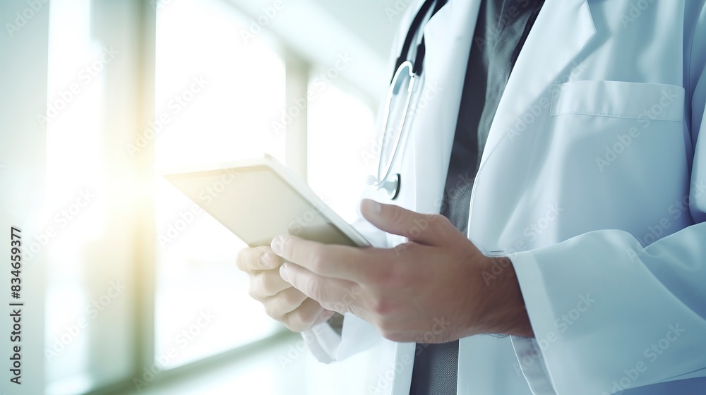 Doctor using digital tablet, modern technology in medicine and healthcare concept , one color background, copy space, generative ai Doctor using digital tablet, modern technology in medicine and healthcare concept , one color background, copy space, generative ai