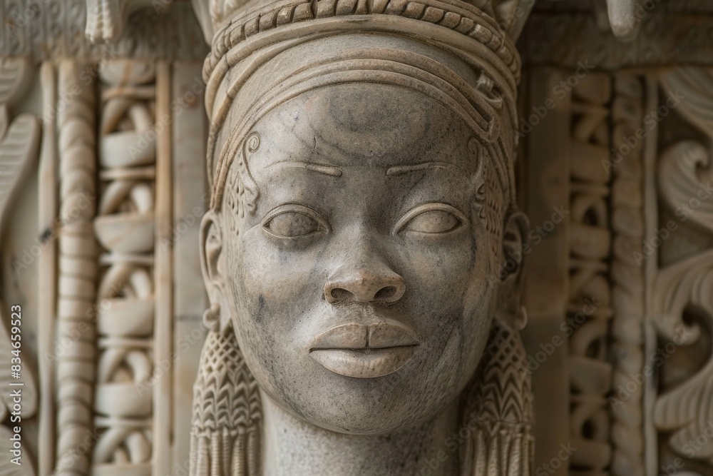 Intricate carved stone face with detailed features Intricate carved stone face with detailed features