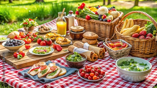 Delicious picnic spread with fresh food   picnic  spread  food  fresh  fruits  vegetables  cheese  bread  outdoor  eating  tasty  gourmet  healthy  summer  blanket  tablecloth  napkins