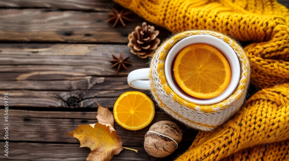 A cup of tea with an orange slice on top, nearby is a stack of nuts A yellow sweater rests on a wooden table, accompanied by pine cones A cup of tea with an orange slice on top, nearby is a stack of nuts A yellow sweater rests on a wooden table, accompanied by pine cones