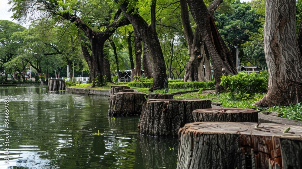 A park with a river and a path of logs A park with a river and a path of logs