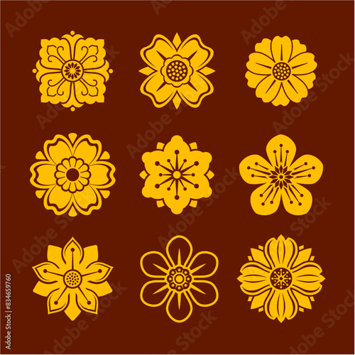 Chinese stye flower vector symbol set background decoration pattern element