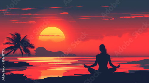 A graphic illustration captures a yoga silhouette against a striking tropical sunset with silhouetted palm trees and calm waters