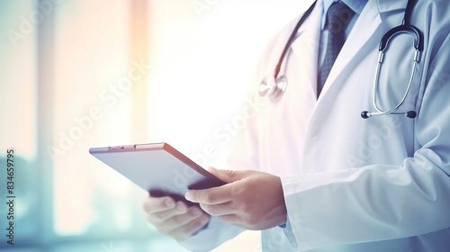 Doctor using digital tablet, modern technology in medicine and healthcare concept , one color background, copy space, generative ai
