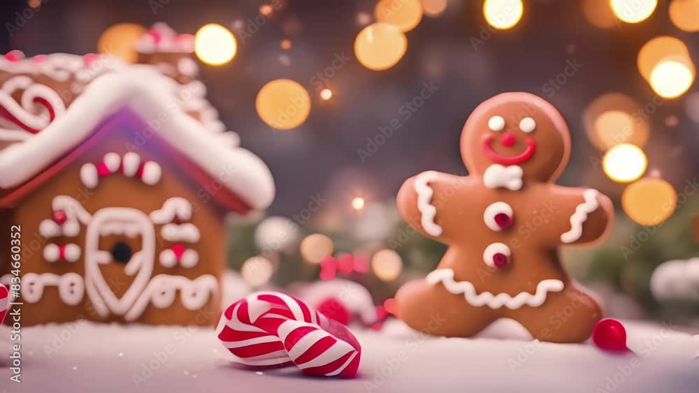 Gingerbread man cookie standing beside house with different colored candy and gumdrops, a chrismast snow scene Gingerbread man cookie standing beside house with different colored candy and gumdrops, a chrismast snow scene