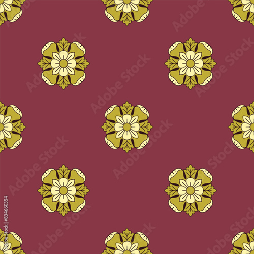 Seamless pattern with hand drawn golden classic floral rosette motifs on a red background (ID: 834660354)