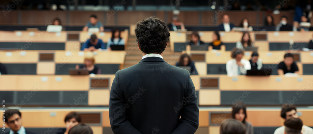 A man standing in front of a seated audience in a conference hall, concept of leadership and public speaking. Generative AI A man standing in front of a seated audience in a conference hall, concept of leadership and public speaking. Generative AI