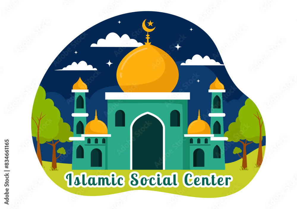 Islamic Social Center Vector Illustration Featuring Mosques, Educational Institutions for Islamic Studies and Development in flat Cartoon Background