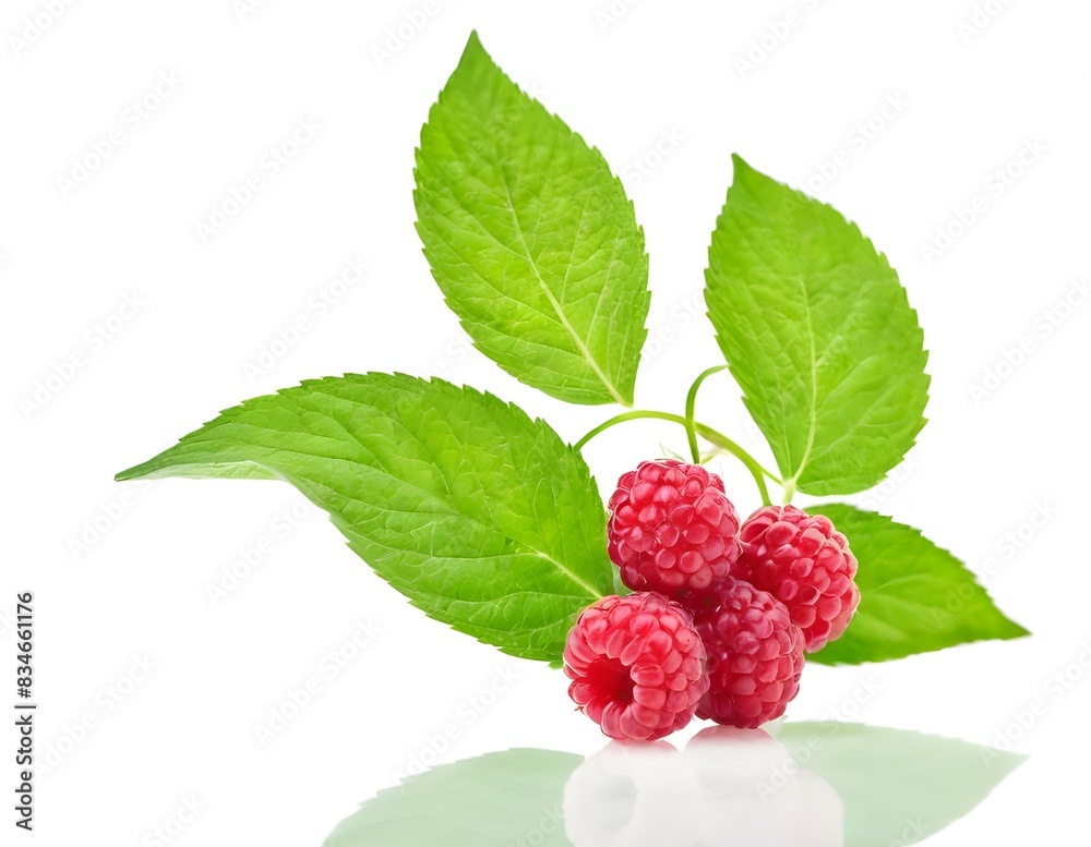 Fresh Red Raspberries With Green Leaves on White Background Fresh Red Raspberries With Green Leaves on White Background