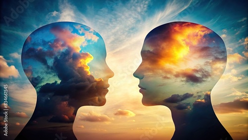 Silhouette of two heads facing each other representing bipolar disorder and split personality concept , mental health, psychology, mood disorder, double face, mental illness photo