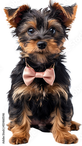 Yorkshire Terrier, a small dog breed, is known for its long, silky hair and distinctive bow. It is a popular breed among celebrities and is often seen in movies and TV shows. photo