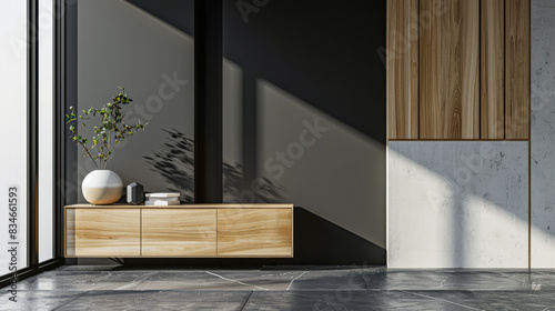 Modern cupboard next to a window in an luxury interiors composition in contrasting tones. © JuanM