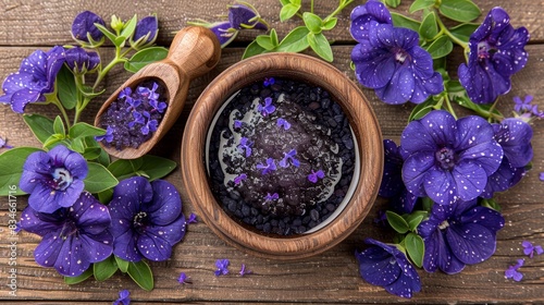  A wooden table holds a wooden spoon and a bowl filled with blueberries Nearby, purple flowers bloom