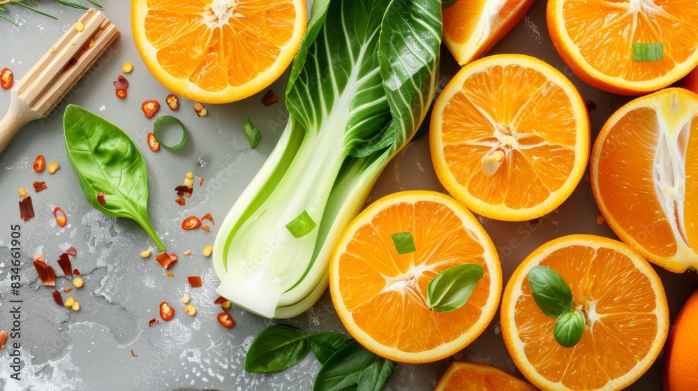 An array of oranges, celery, and spinach on a gray backdrop A wooden utensil and spoon rest beside the oranges An array of oranges, celery, and spinach on a gray backdrop A wooden utensil and spoon rest beside the oranges