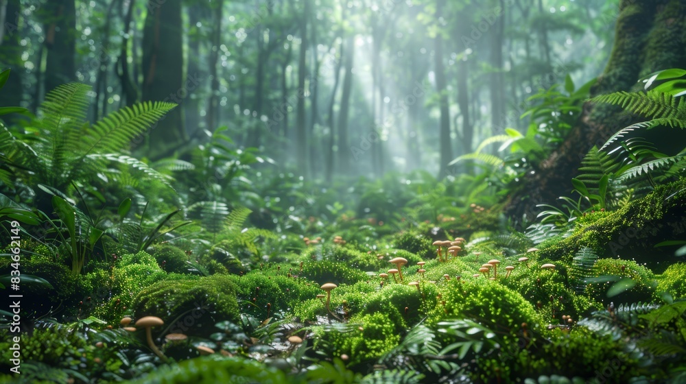 An image of a dense, moss-covered forest floor, with ferns, mushrooms, and insects, showcasing the intricate interactions between different organisms in a biodiverse ecosy An image of a dense, moss-covered forest floor, with ferns, mushrooms, and insects, showcasing the intricate interactions between different organisms in a biodiverse ecosy