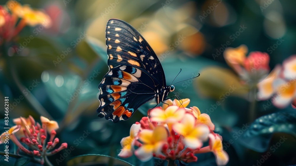 Obraz premium A close-up of a tropical butterfly resting on a flower, with a blurred background of lush vegetation, illustrating the symbiotic relationship between pollinators and plant