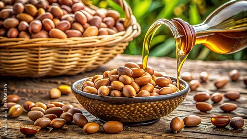 Argan oil pouring over ripe argan seeds , organic, skincare, beauty, natural, Moroccan, pure, cold-pressed, nourishing, wellness, health, aromatherapy, cosmetic, products, liquid gold