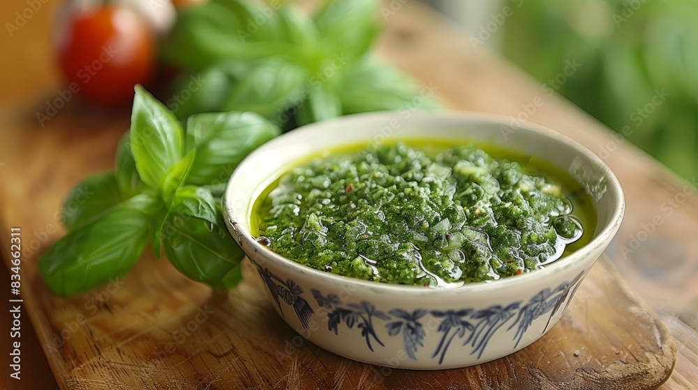 A bowl of pesto atop a wooden cutting board, beside a green leafy plant and a tomato A bowl of pesto atop a wooden cutting board, beside a green leafy plant and a tomato