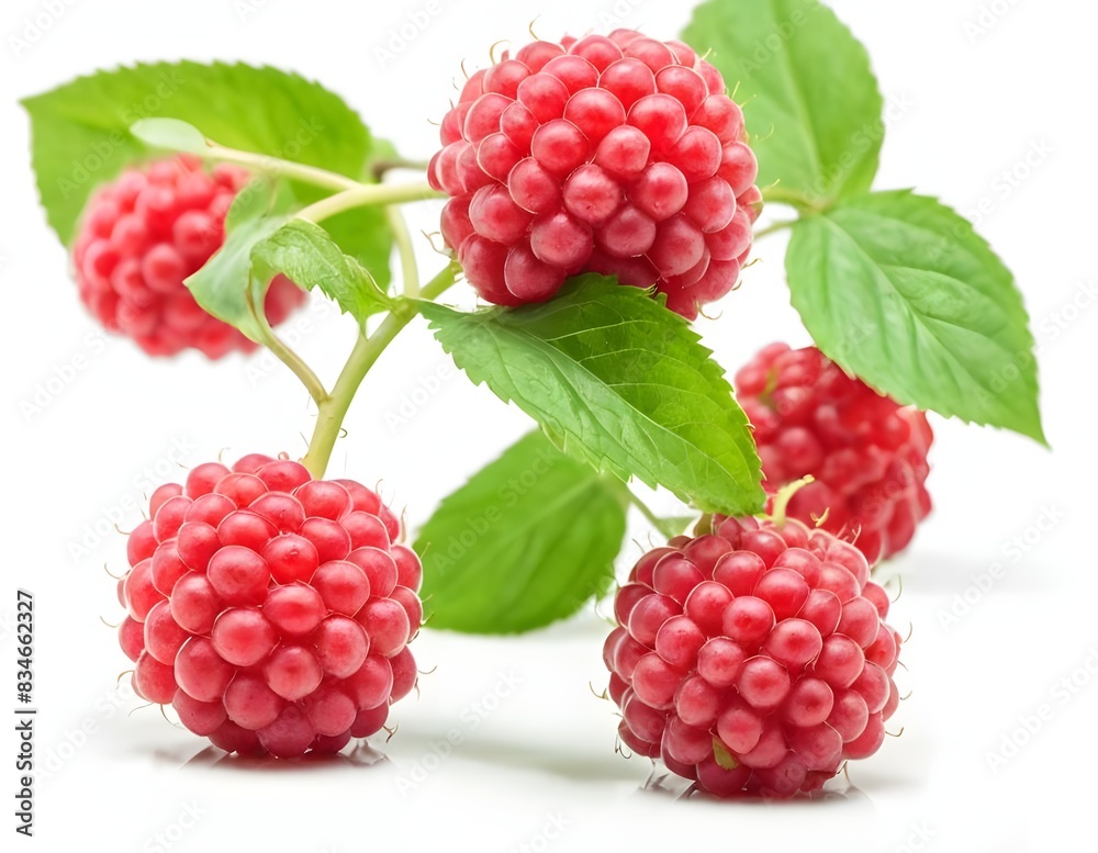 Fresh Red Raspberries With Green Leaves on White Background
