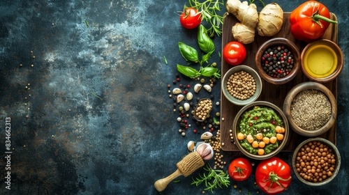  A wooden tray holds bowls filled with various foods - garlic, tomatoes, broccoli, peppers, and others Surface is blue