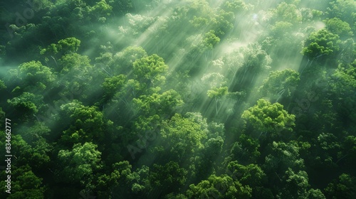 An aerial view of a lush green forest with sunlight filtering through the canopy, illustrating the rich biodiversity and organic growth of a natural ecosystem. © MAY