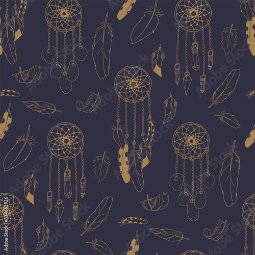 Mystical seamless pattern with golden dream catchers on blue background. Magic repeat wallpaper. Spiritual texture. (ID: 834662926)