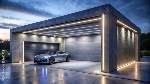 Futuristic concrete garage with LED lights and grey walls , industrial, modern, warehouse, entrance, bunker, hangar, construction, futuristic, exterior, concrete, building, asylum photo
