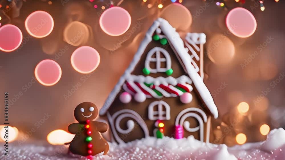 Gingerbread man cookie standing beside house with different colored candy and gumdrops, a chrismast snow scene