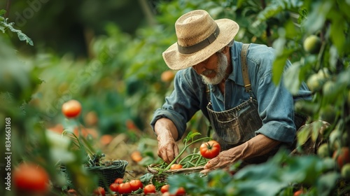 An image of a farmer harvesting ripe, organic vegetables from a garden, emphasizing the connection between humans and the natural, biological processes of growing food.