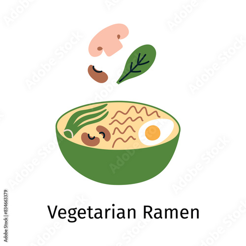 Vector illustration of vegetarian ramen with bok choi, mushrooms, noodle soup with beans and egg. Doodle style, flat cartoon image for Asian cuisine and korean food concepts